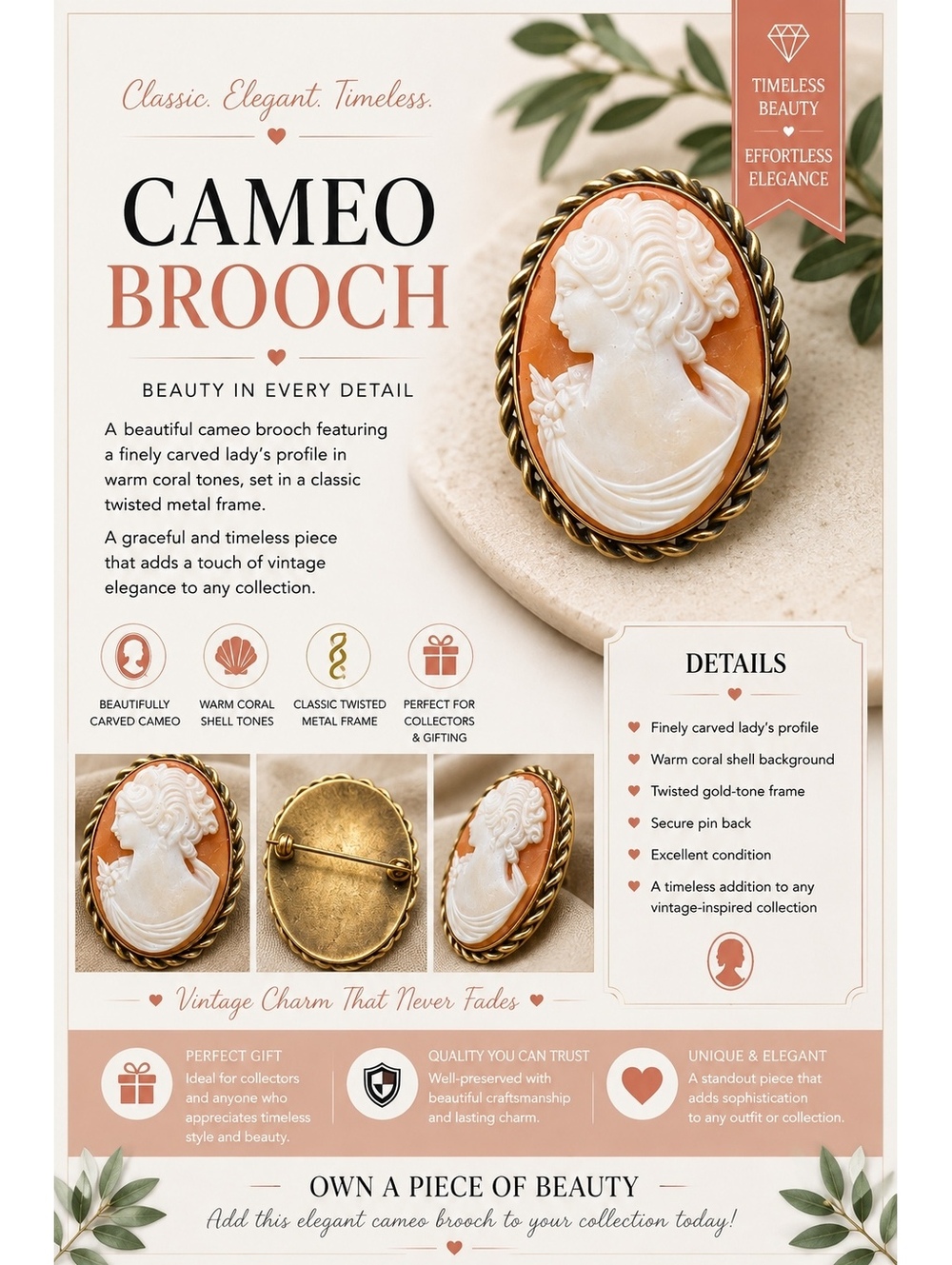 Classic Cameo Brooch with Twisted Gold-Tone Frame and Warm Coral Shell